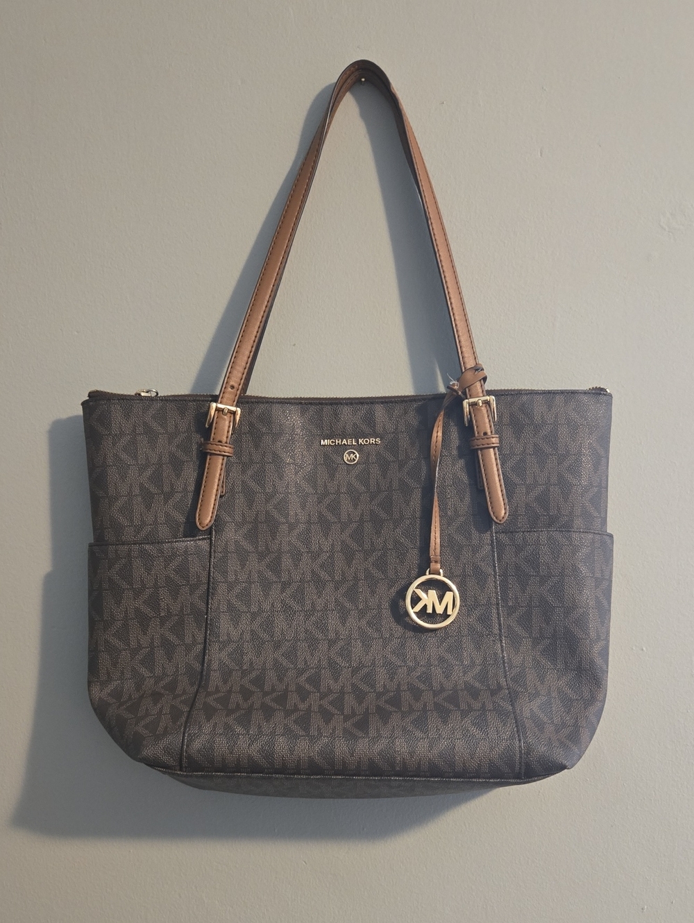 Michael Kors Dark Brown MK Signature Tote with Gold Charm